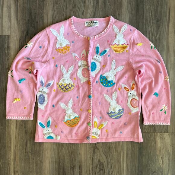 Vintage Jack B. Quick Bunny Rabbit Easter Eggs Cardigan Women's Size M Beaded - Picture 1 of 7